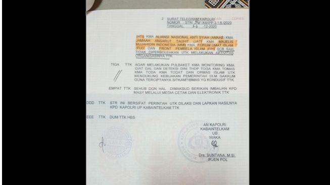 Surat telegram Polri larangan FPI beraktivitas