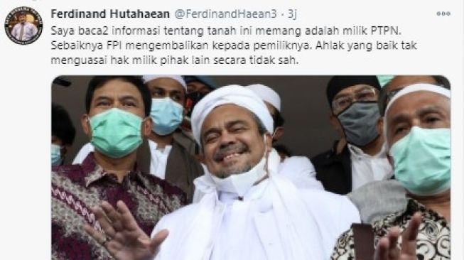 Eks Politisi Demokrat Ferdinand Hutahaean sindir Habib Rizieq Shihab yang tidak ingin kembalikan tanah PT. Perkebunan Nusantara (PTPN) VIII Gunung Mas.