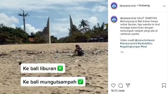 Wanita pungut sampah di pantai Bali. (Instagram/@denpasar.viral)