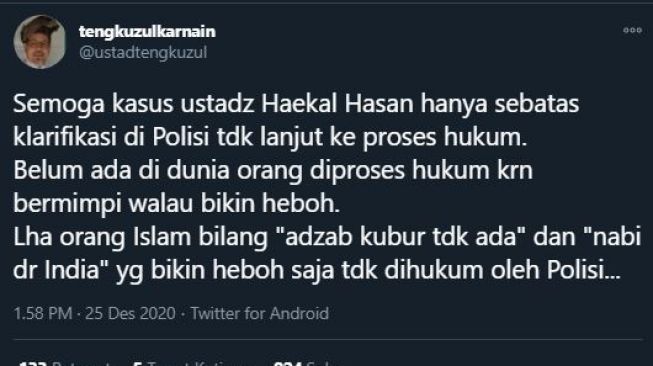 Cuitan Tengku Zulkarnain. (Twitter/ustadtengkuzul)