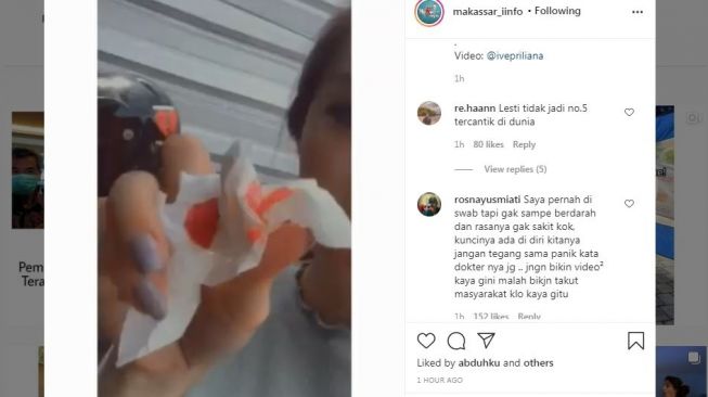 Hidung seorang perempuan mengeluarkan darah saat tes swab (Instagram)