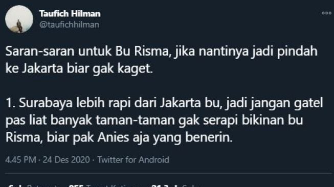 Cuitan warganet beri saran untuk Mensos Tri Rismaharini. (Twitter/taufichhilman)