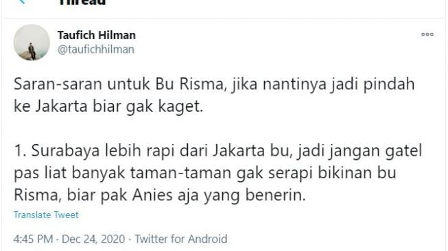 Saran warganet buat Bu Risma yang bakal ngantor di Jakarta. Foto: Twitter