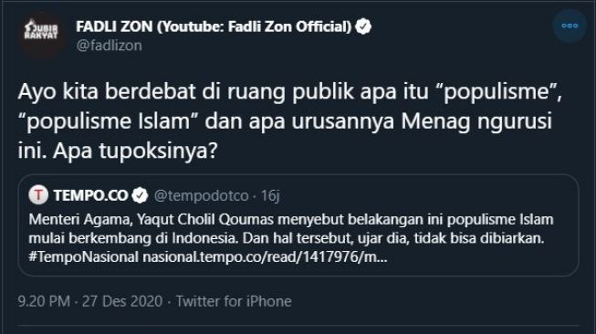 Fadli Zon tantang debat Menag. (Twitter/@fadlizon)