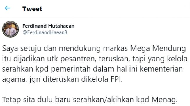 Cuitan Ferdinand Hutahaean soal pesantren megamendung milik HRS. - (Twitter/@FerdinandHaean3)