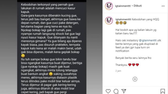 Kisah seorang anak mencuci kasur. (Instagram/@igtainmenttt)