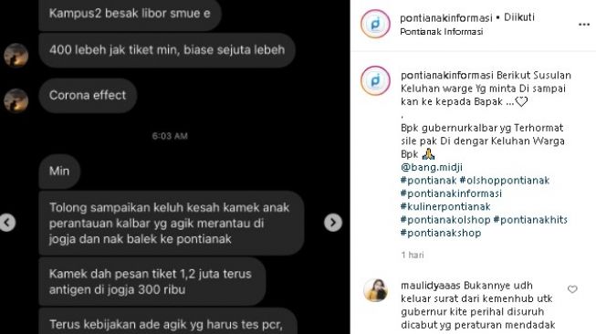 Warganet protes aturan terbang ke Kalbar wajib PCR. (Instagram/@pontianakinformasi)