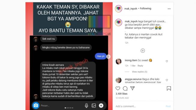 Kisah perempuan dibakar mantan kekasih. (Instagram/@mak_inpoh)