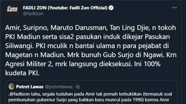 Fadli Zon berdebat soal PKI. (Twitter/@fadlizon)