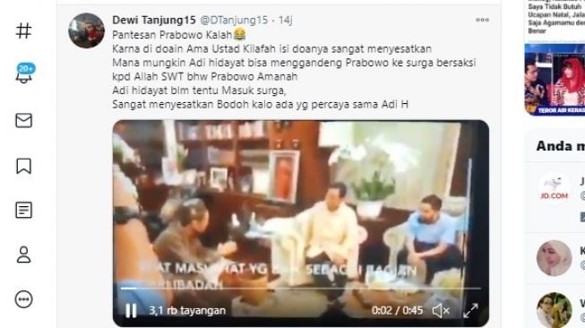 Politisi PDI Perjuangan Dewi Tanjung ungkit video lawas Ustaz Adi Hidayat gandeng Prabowo Subianto masuk surga jika menang Pilpres 2019.