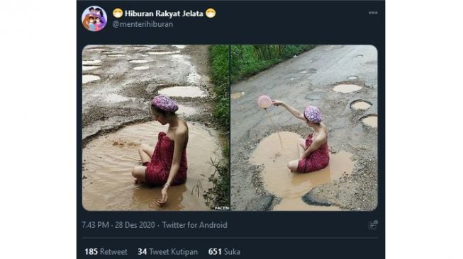 Perempuan Mandi di Kubangan Jalan Rusak Kembali Viral! Warganet: Sarkastik!