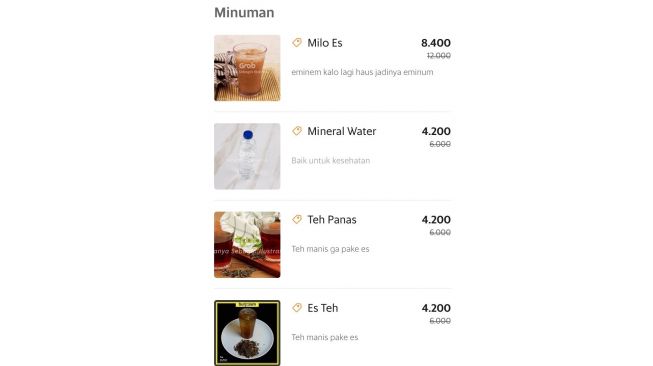 Deskripsi menu minuman di aplikasi ojol (twitter.com/ayuyuliantika)