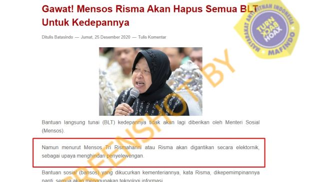 Klaim Mensos Risma hapus BLT, benarkah? (turnbackhoax.id)