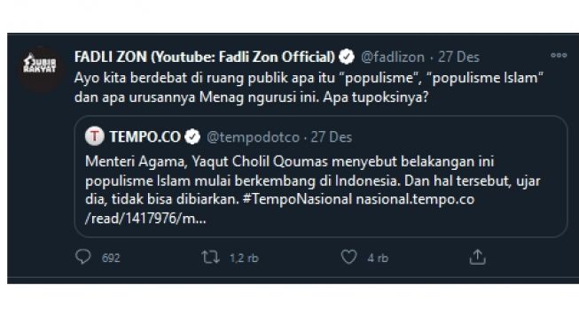 Fadli Zon tantang Menag Yaqut debat soal populisme (twitter.com/fadlizon)