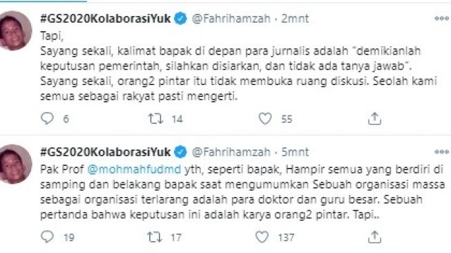 Politisi Gelora Fahri Hamza sentil Mahfud MD karena FPI dibubarkan pemerintah. 