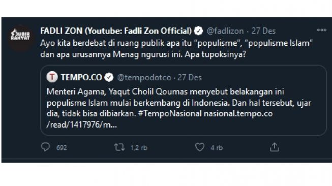 Cuitan Fadli Zon menanggapi Gus Mis yang wakili Menag Yaqut lawan dirinya (twitter.com/fadlizon)