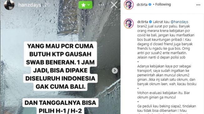 Unggahan dr Tirta soal penyedia jasa surat keterangan sehat palsu. - (Instagram/@dr.tirta)