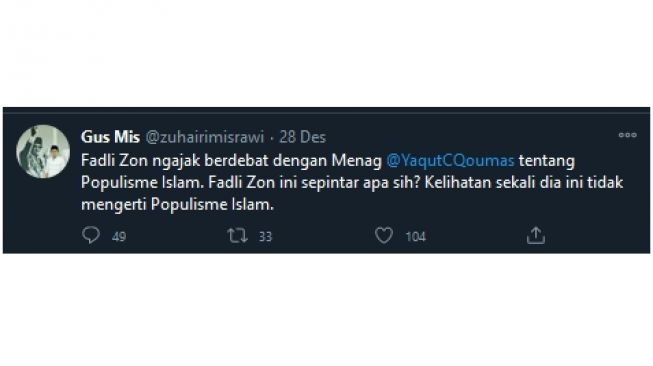 Gus Mis singgung kadar kepintaran Fadli Zon (twitter.com/zuhairimisrawi)