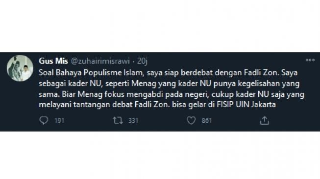 Gus Mis tantang Fadli Zon berdebat (https://twitter.com/zuhairimisrawi)