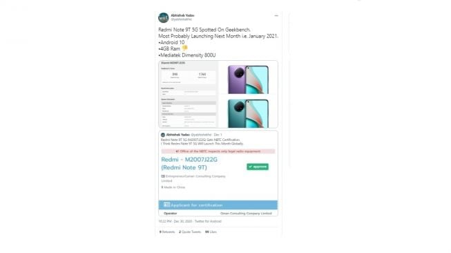 Bocoran Redmi Note 9T. [Twitter]