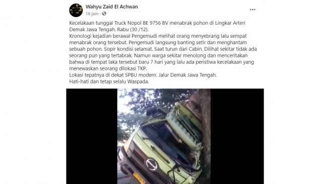 Sopir truk mengalami kecelakaan untuk menghindari penyeberang jalan, tapi ternyata tidak ada orang (Facebook)