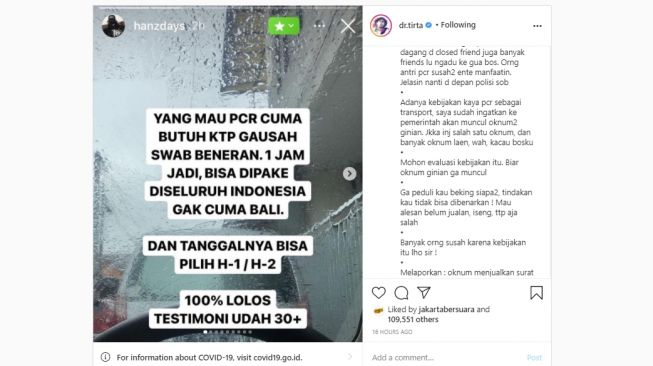 Unggahan Dokter Tirta soal Surat PCR palsu. [Instagram/@dr.tirta]