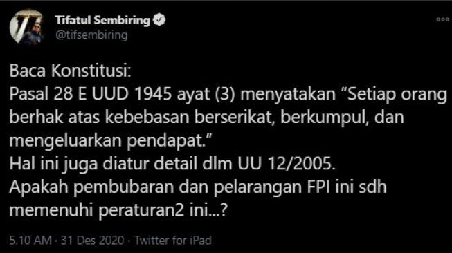 Tifatul Sembiring cuitan. (Twitter/tifsembiring)