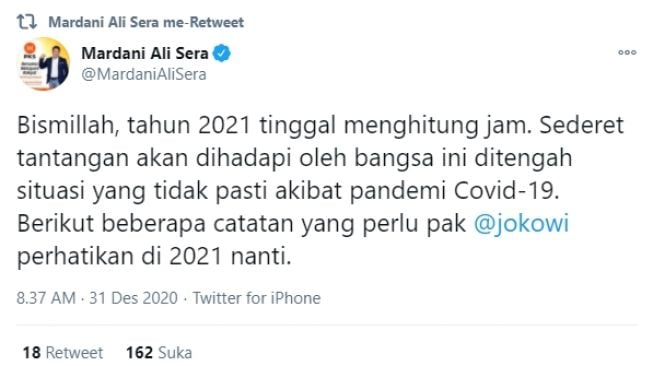 Sambut Tahun 2021, Mardani Ali Sera Beri Catatan Akhir Tahun untuk Jokowi