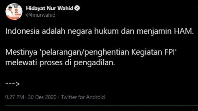 Cuitan Hidayat Nur Wahid. (Twitter/hnurwahid)