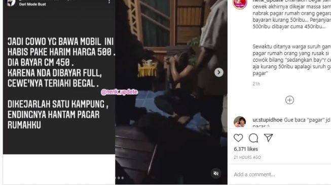 Unggahan soal pria yang menabrak pagar rumah karena dikejar wanita. [Instagram/@nenk_update]