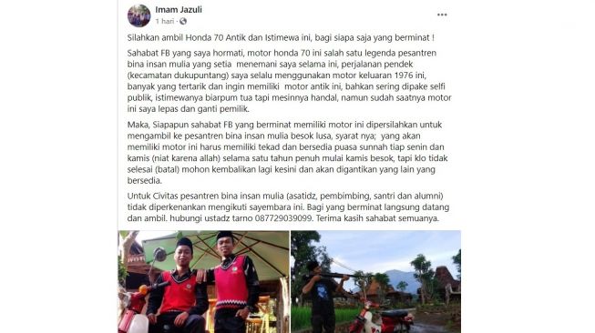 Honda C70 dibagikan gratis bagi siapa yang menerima tantangan dari pondok pesantren (Facebook)