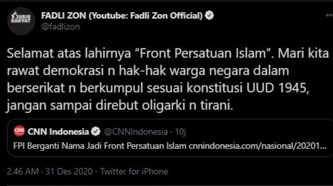 Cuitan Fadli Zon. (Twitter/FadliZon)