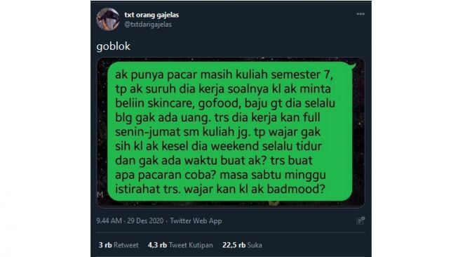 Kisah perempuan yang kesal pacarnya sibuk bekerja (twitter.com/txtdarigajelas)