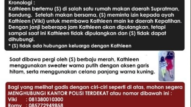 Kathleen, Gadis cantik Bandung berusia 9 tahun hilang sudah setengah bulan. 