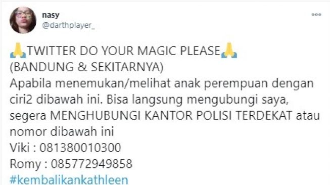 Kathleen, Gadis cantik Bandung berusia 9 tahun hilang sudah setengah bulan. 