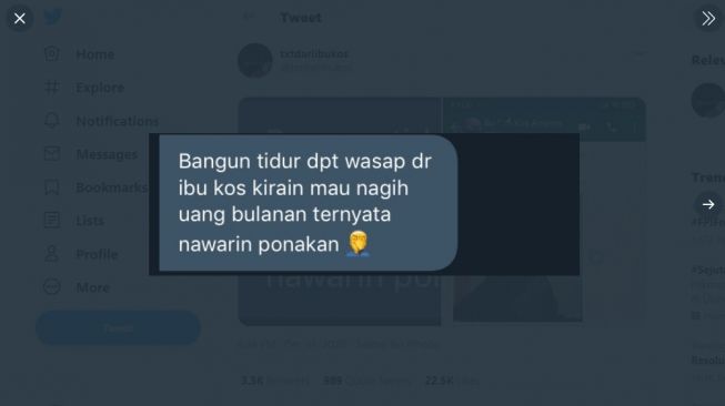 Tangkapan layar chat ibu kos bukan nagih kosan, malah tawarin jodoh. [Twitter]