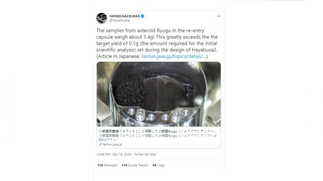 Jepang bagikan foto sampel Asteroid Ryugu. [Twitter]