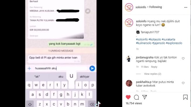 Percakapan Tania dan kekasihnya saat dikirimi uang sebanyak Rp 50 Juta. - (Instagram/@soloinfo)