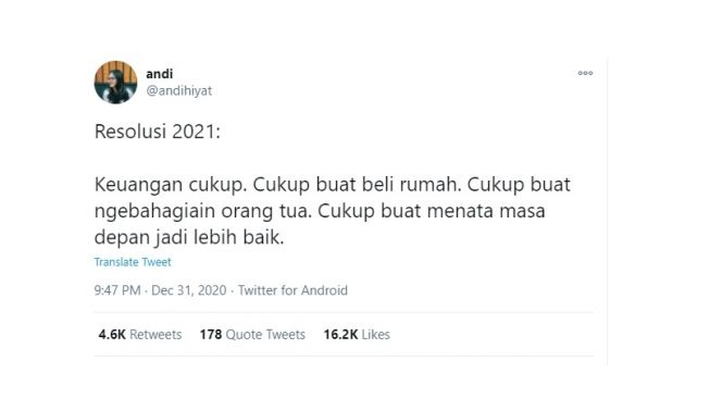 Cuitan warganet soal trending topic Resolusi 2021. [Twitter]