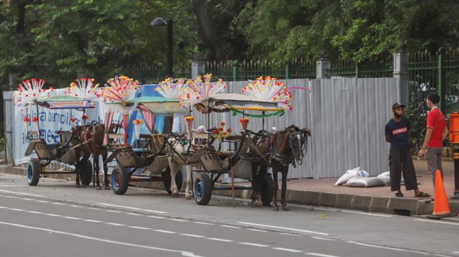 Beberapa kereta delman parkir menunggu penumpang di belakang Monumen Nasional atau Monas di Jakarta Pusat, Sabtu (2/1/2021). [Suara.com/Alfian Winanto]