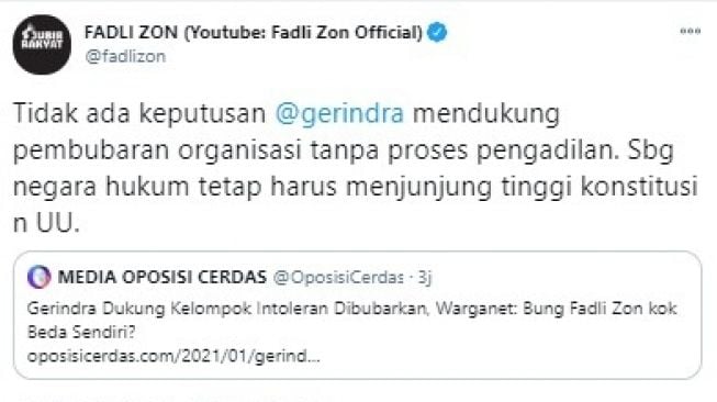 Fadli Zon bantah Gerindra keluarkan putusan pembubaran ormas intoleran (Twitter/fadlizon)