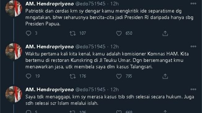 Kicauan AM Hendropriyono.(Twitter)