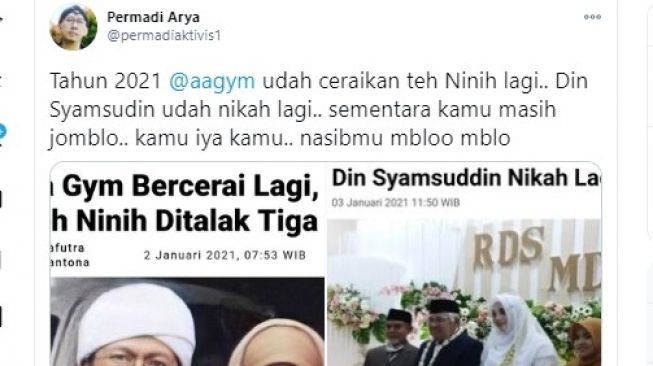 Aktivis Permadi Arya atau Abu Janda sindir para jomblowers atau kaum single sembari memamerkan berita Aa Gym cerai lagi dan Din Syamsuddin nikah lagi.