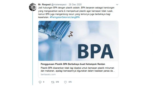 Klaim zat BPA dalam galon berbahaya bagi bayi, balita, dan ibu hamil (turnbackhoax.id)