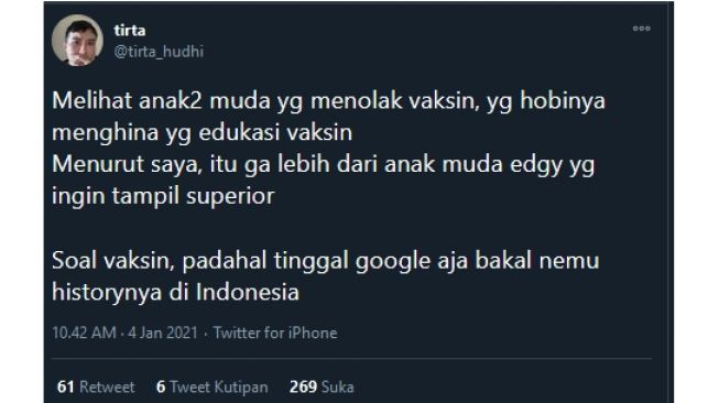 Dokter Tirta sindir anak muda yang tolak vaksinasi dan suruh melek literasi (twitter.com/tirta_hudhi)