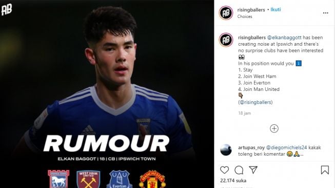 Elkan Baggot dirumorkan dengan tiga klub Liga Inggris, termasuk Manchester United. (Instagram/risingballers)