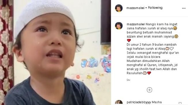 Balita menangis lupa hafalan Alquran. (Instagram)