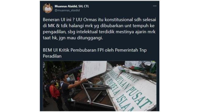 Cuitan Muannas yang singgung sikap BEM UI (twitter.com/muannas_alaidid)