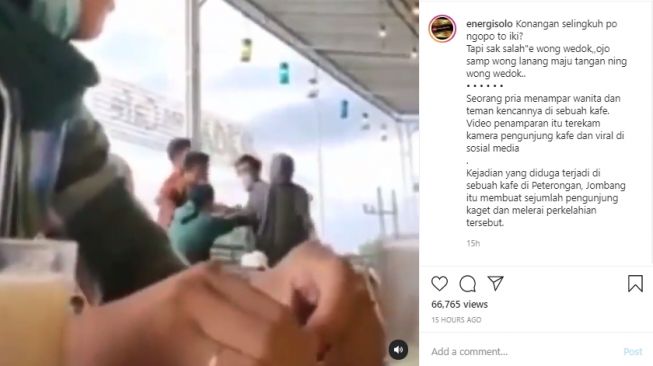 Aksi seorang pemuda yang bertengkar dengan pasangan muda mudi di cafe. - (Instagram/@energisolo)