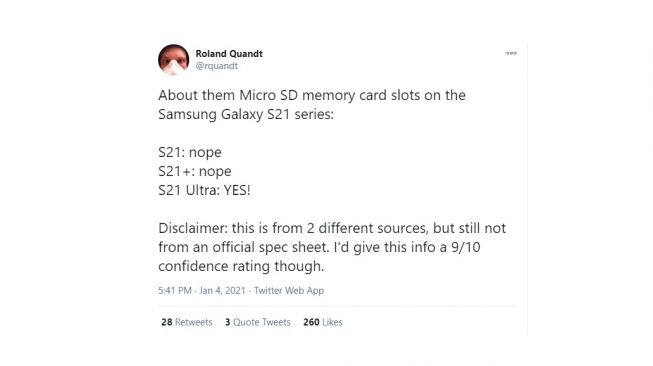 Cuitan soal MicroSD di Samsung Galaxy S21. [Twitter]